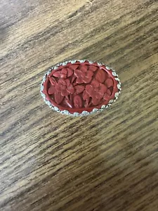 Vintage Sterling Silver With Carved Cinnabar Lid Pill / Trinket / Snuff Box - Picture 1 of 4
