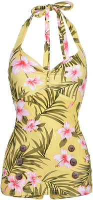 Küstenluder YLVA Hibiskus Hawaiian 50s Neckholder BADEANZUG - Gelb Rockabilly - Bild 1 von 4