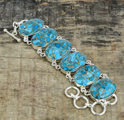 Blue Copper Turquoise Handmade 925 Sterling Silver Bracelet For Christmas Gifts - Image 1 of 4