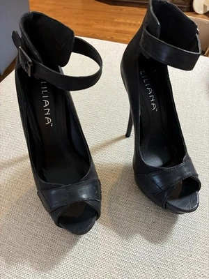 Liliana Elegant Black Ankle Strap Heel with Peep Toe - Size 7.5 - Image 1 of 4