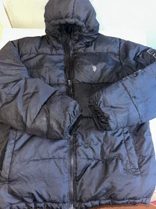 U.S. Polo Assn Puffer Jacket Black Logo Sleeve Hood Zip Pockets Lined Sz Large - Bild 1 von 9