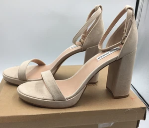 Ladies Size 10 Steve Madden Sand Suede Buckle Block 4.5” Heel Show Sandal In Box - Picture 1 of 14