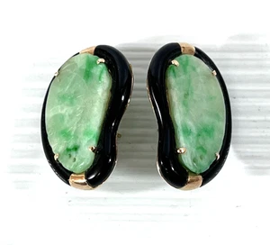 14k Gold Jade Black Onyx Earrings Hand Carved Floral - MISSING PUSH BACKS - Picture 1 of 15