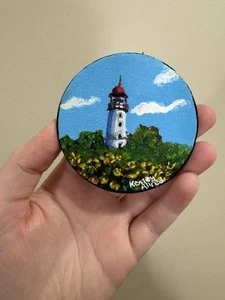 Original Art Lighthouse Circle Canvas Refrigerator Magnet Size 3” Artwork - Picture 1 of 3