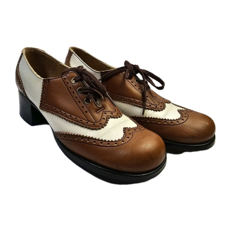 Vintage 1970s Oxford Brogue Spectator Shoes Size 8M Brown & White Leather READ - Image 1 of 4