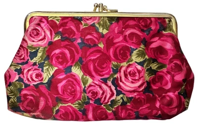 Bolso sin asas vintage con estampado de rosas satinado 2 compartimentos bloqueo de beso 8" W Foto 1 de 4