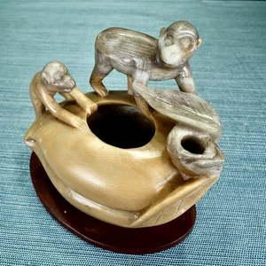 Vintage Hand-Carved Soapstone Monkey Figurine Incense Burner Or Ashtray 4” - Picture 1 of 14