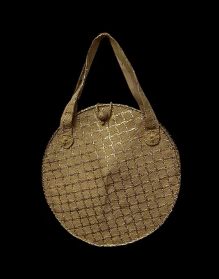 Vintage 1960s Made in Japan Round Woven Straw Handbag Gold Metallic Lattice Circ - Image 1 of 4