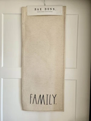 Rae Dunn FAMILY. Embroidered Table Runner 14" x 72" Cream Black NEW - Image 1 of 4