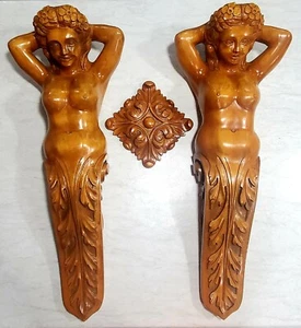EARLY 1900's ANTIQUE MAHOGANY WOOD PAIR MERMAID BAR CORBELS DECOR 32" EXC COND. - Picture 1 of 10