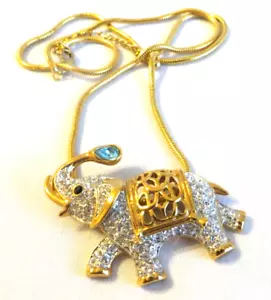 ELEPHANT BROOCH PENDANT NECKLACE GOLD PLATED PAVE CLEAR CRYSTALS -TRUNK UP - Picture 1 of 8