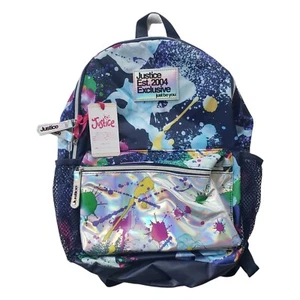 Justice Girls Backpack 17" Est 2004 Blue Silver Rainbow Splatter Tech Pocket - Picture 1 of 4