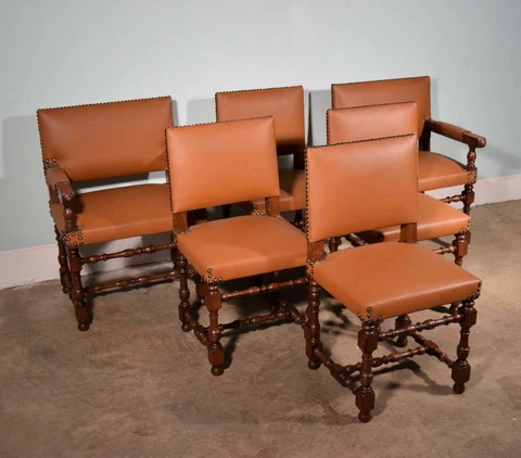 *Set of 6 Vintage French Renaissance Revival Oak and Vinyl Chairs w/Armchairs Cover
