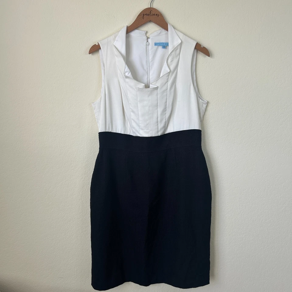 Antonio Melani Dress Womens 12 White Navy Vanya Ruffle Silk Career Sheath - Image 1 of 4
