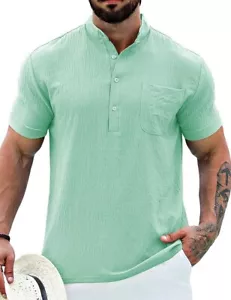 Men Casual Henley Shirt Band Collar Short Sleeve Summer Beach Hippie XXL Shirt - Picture 1 of 5