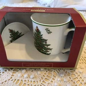 SPODE Tree Tea Coffee MUG & lid COASTER SET 12 oz. coffee Gift NIB Christmas Vtg - Picture 1 of 10