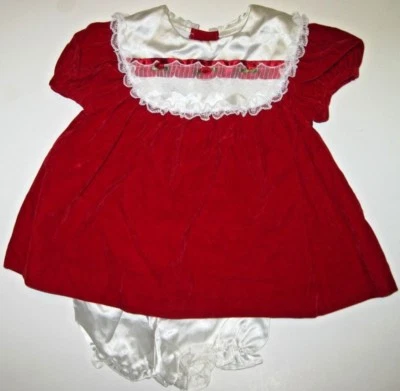 Expressions Red Velvet Dress with White Lace Collar & Bloomers Red Roses 6-9 mos - Image 1 of 4