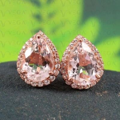 Pendiente de morganita natural y diamantes en forma de pera de 4,70 quilates de oro rosa macizo de 14 quilates Foto 1 de 4