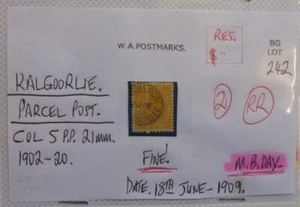 WEST AUSTRALIA POSTMARK ON SWAN STAMP- KALGOORLIE PARCEL POST Col 5 21mm 1909 - Picture 1 of 1