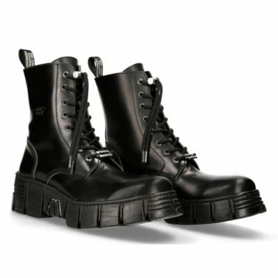 New Rock M-WALL026N-C5 Boots Black Leather Wall Rock Biker Ankle Tower Boots - Image 1 of 4