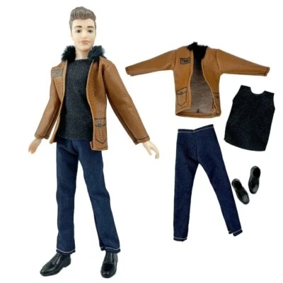 1set 1/6 Male Doll Clothes Brown Leather Coat Black Pants Shoes For 12" Doll Boy