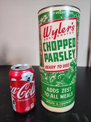 Vtg Restaurant Spice HUGE WYLER'S CHOPPED PARSLEY PAPER TIN Chicago 10" TALL - Image 1 of 4