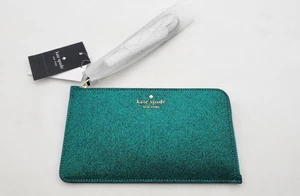 Kate Spade Lucy Glitzer Medium L-Reißverschluss türkis grün Kalbsleder KE454 Geldbörse neu mit Etikett - Bild 1 von 8