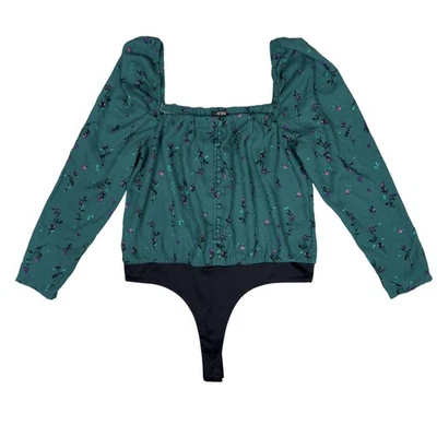 AFRM Bodysuit Womens Large Green Rose Garden Floral Long Sleeve Square Neck - Image 1 of 4