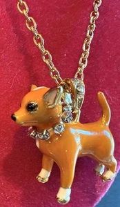 Betsey Johnson Chihuahua 19” Necklace,Yellow Gold w/rhinestone Collar Vintage - Picture 1 of 7