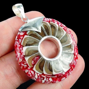 Joyería colgante de plata de ley 925 con concha de cono natural y resina roja, NSP-570 - Imagen 1 de 4