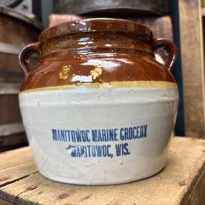 Antica pentola per fagioli in gres Manitowoc Marine Grocery Wisconsin manico ciotola - Foto 1 di 23