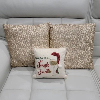 Jingles & Joy  12"x12" and Two 17"x17" Beaded/Sequin Holiday Throw Pillows - Image 1 of 2
