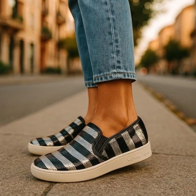 MICHAEL KORS Keaton Slip on Stripe Sequin Shoes Loafers Size 8M Black Silver - Image 1 of 4