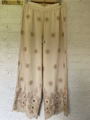 ZARA Womens Small Viscose Floral Eyelet Beaded Festival Boho Hippie Flare Pants - Image 1 of 4