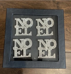 Rachel Zoe Set Of 4 Holiday Napkin Rings Christmas NOEL Rhinestones Silver - Picture 1 of 2