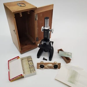 Vtg Skyline Microscope School Lab Equipment w/ Wooden Case & Accessories Japan - Picture 1 of 20