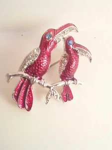 Vintage Czecho Slovakia Pair Red Enamel Rhinestone Figural Bird Brooch Pin - Picture 1 of 7