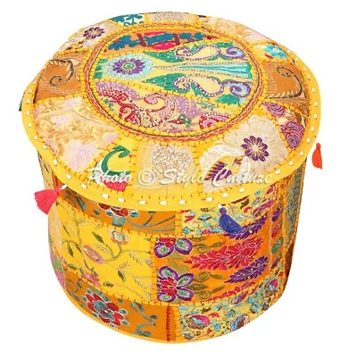 Indian Round Bedroom Ottoman Patchwork Embroidered Pouf Cover Cotton 16" Yellow - Image 1 of 3
