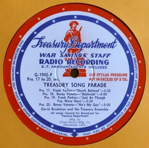 BENAY VENUTA FRANK PARKER TREASURY SONG PARADE 16" RADIO SHOW TRANSCRIPTION DISC - Picture 1 of 4