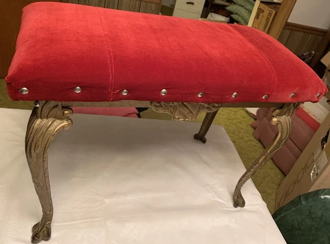 Vintage Unique Red Velvet Bronze Colored Cast Iron Leg Bench 1920s WH Howell Co Cover