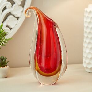 Flower Plant Vase Red Curl Glass Art Handmade Gift Holiday Accent Decor 11" H
