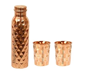 Pure Copper Water Bottle Diamond Cut 1000ML Drinking Storage Tumbler Glass 300ML - Picture 1 of 13
