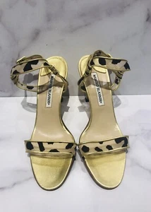 Manolo Blahnik Gold Leather Leopard Ankle Strap Sandals Heels - Picture 1 of 8
