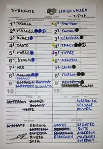 July 5, 2009 Syracuse Chiefs vs Lehigh Valley Game Used Dugout Lineup Card - Picture 1 of 4