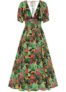 NWT Collectif Juliette Jungle Maxi in Black V-neck Smocked Dress UK 16 / US 12 - Picture 1 of 7