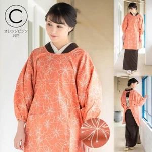 Japanese Kappogi Apron Orange Pink Floral Cotton with Pockets Made in Japan NEW - Picture 1 of 9