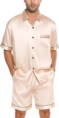 Conjunto de pijama de satén de seda para hombre manga corta con botones salón ropa de dormir con bolsillo Foto 1 de 4