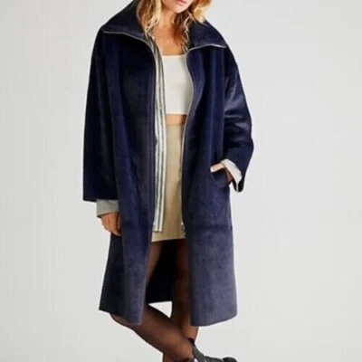 Free People Lana Oversize Faux Fur Coat Navy Blue Medium M - Image 1 of 4