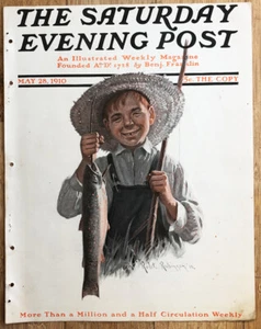 1910 SAMSTAGABEND POST BRIEF " Landjunge und der Fisch " ILLUSTRATION - Bild 1 von 3