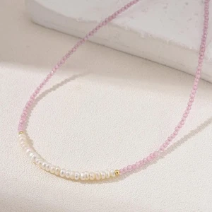 White Pearl & Rose Quartz Faceted Round 2-3MM Multi Gemstone Beaded Necklace 18" - Picture 1 of 10